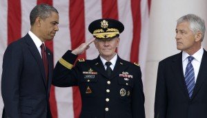 In 2013 photo (L to R), U.S. President Barack Obama, Chairman of the Joint Chiefs of Staff U.S. Army General Martin Dempsey, and then-U.S. Defense Secretary Chuck Hagel, photo by Jonathan Ernst, Reuters
