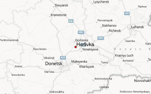 Map showing Horlovka, Ukraine. Dark line at lower right is Russia border