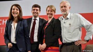 Candidates for UK Labour Party leader, L to R, Liz Kendall, Andy Burnham, Yvette Cooper, Jeremy Corbyn