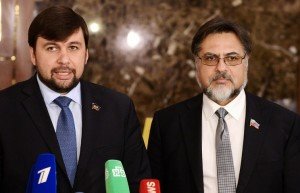 Donetsk and Lugansk envoys to the Contact Group on Minsk-2 ceasefire, Denis Pushilin (L) and Vladislav Deinego, pictured in July 2015