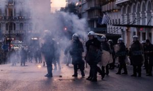 Police battle protesters in Athens on May 8, 2016 (Pacific Press-Rex)