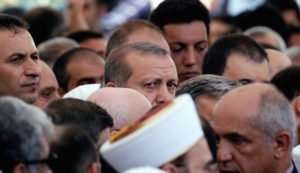 Turkish President Recep Tayyip Erdogan attends funeral service in Istanbul on July 17, 2016 for victims of the thwarted coup (Alkis Konstantinidis, Reuters)