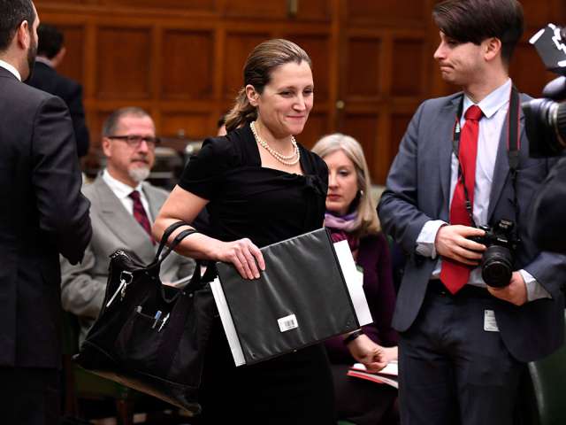 Minister of Foreign Affairs Chrystia Freeland arrives to appear before a House of Commons Standing Committee on Parliament Hill on Feb. 8, 2018.
