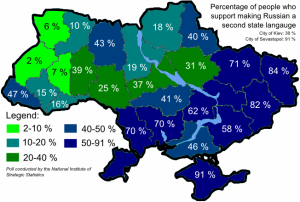 Percentage of people supporting making Russian a 2nd language. Survey by the National Institute of Strategic Research, 2005.