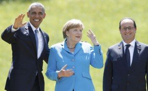 President Obama, Chancellor Merkel and President Hollande at G7 ('G1-plus 6') summit meeting in Germany June 7, 2015 (Christian Hartmann, Reuters)