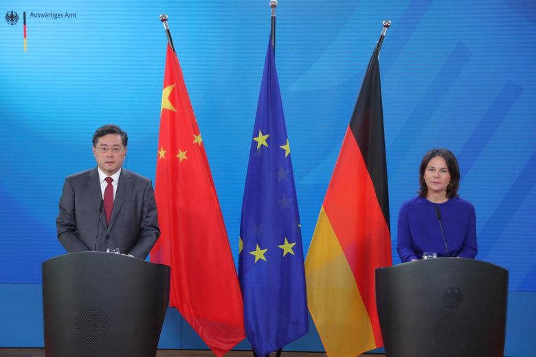 chinese state councilor and foreign minister qin gang and german foreign minister annalena baerbock attend a joint press conference in berlin germany on may 9 2023 xinhuadu zheyu