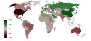 Countries by their current account balance, averaged from years 1980 to 2008 (red is a deficit, green is a surplus)