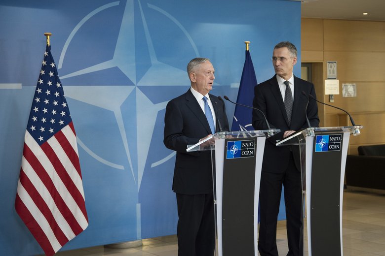 Secretary of Defense Jim Mattis hosts a joint press meeting with NATO Secretary General Jens Stoltenberg at the NATO Headquarters in Brussels, Belgium, Feb. 15, 2017.)